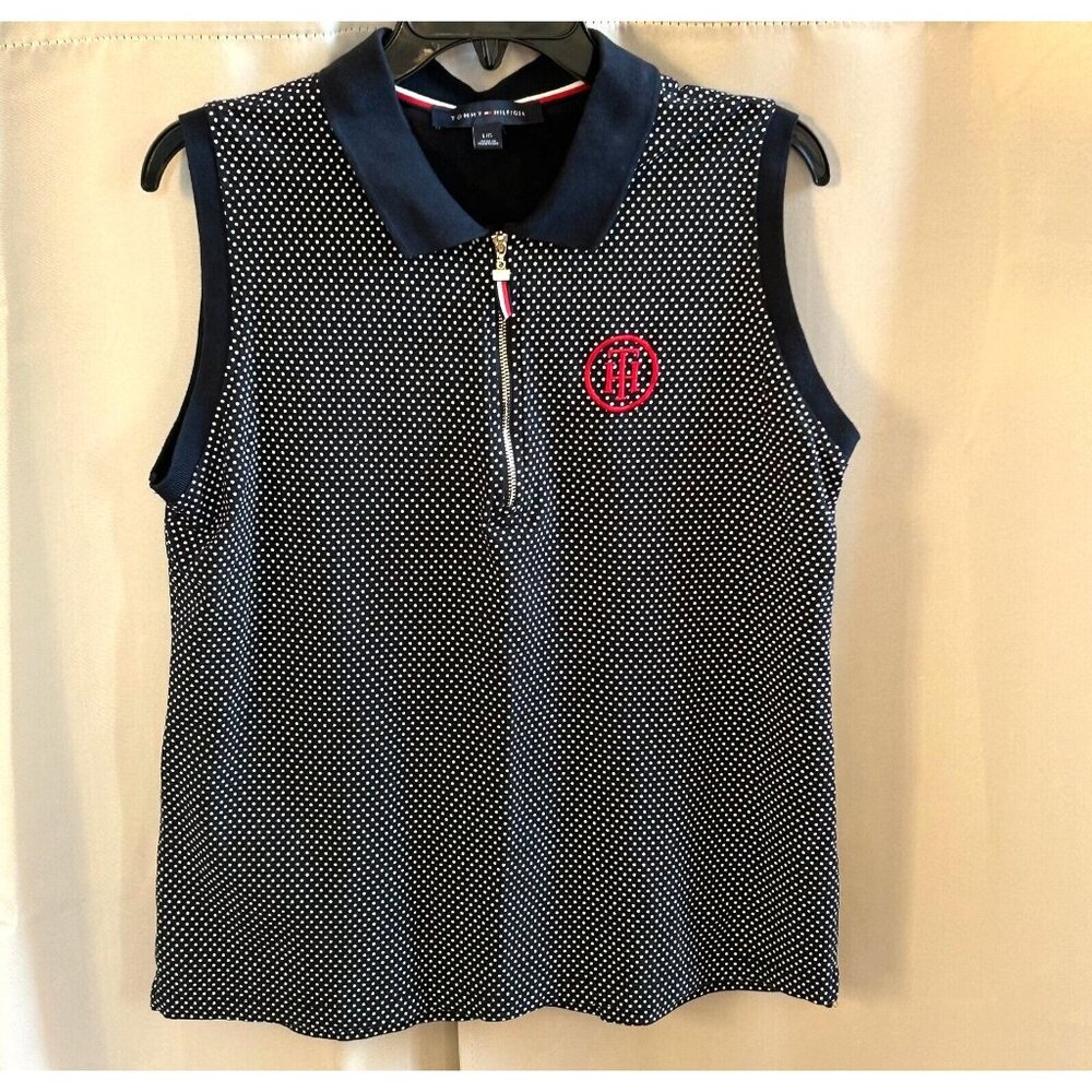Tommy Hilfiger Y2K Top Large Blue Polka Dot Polo Golf Preppy Country Club 17042x
